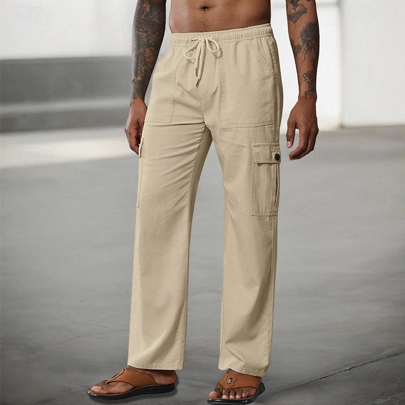 Men's Cargo Pants Cargo Trousers Casual Pants Drawstring Elastic Waist Multi Pocket Plain Comfort Soft Full Length Outdoor Casual Daily Fashion Streetwear Black White