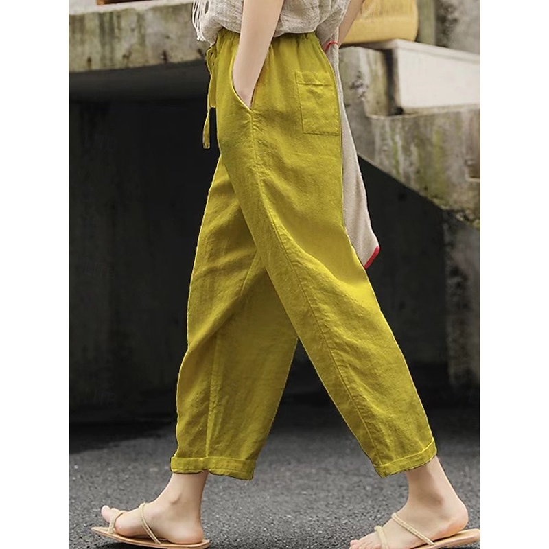 Women's Cotton Linen Shorts Linen-Inspired Pants Cotton Linen Pants Simple Classic & Timeless Full Length High Waist Solid Color Patchwork Pocket Drawstring Comfy Quick Dry Breathability Micro-elastic