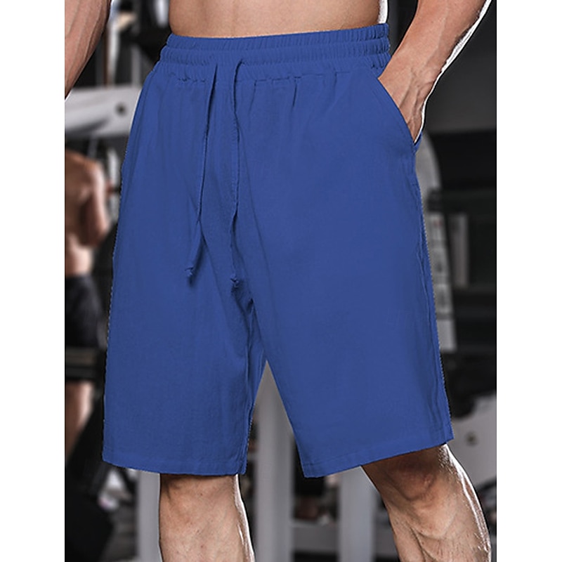 Men's Shorts Linen Shorts Summer Shorts Beach Shorts Baggy Shorts Drawstring Elastic Waist Plain Comfort Breathable Knee Length Yoga Running Gym Casual Athleisure Black Sky Blue