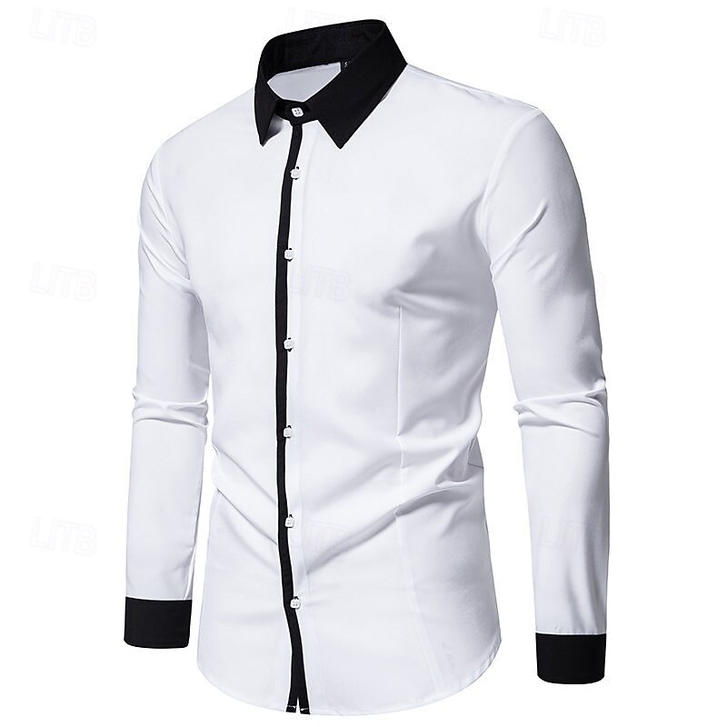 Men's Shirt Dress Shirt Button Up Shirt Color Block Wedding Party Black White Navy Blue Blue Long Sleeve Lapel Spring &  Fall Clothing Apparel4