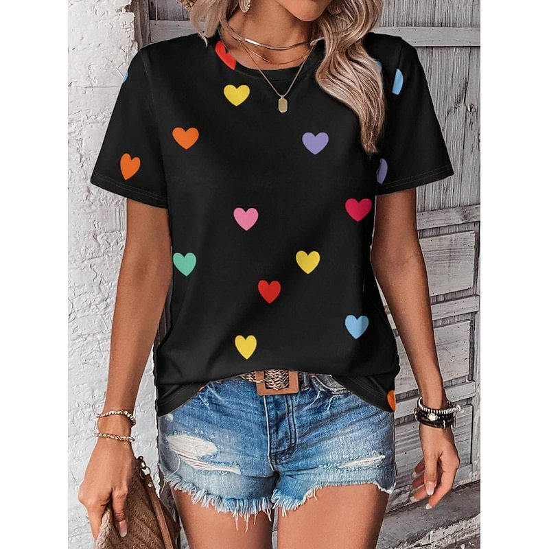 Valentine Women's Heart T Shirt Cute Regular Tops Short Sleeve Round Neck Print Regular Fit Daily Black White Summer2