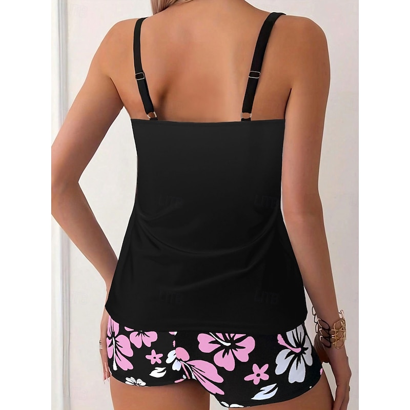 Women's Swimwear Tankini 2 Piece Boy Leg Swimsuit Backless High Waist Vacation Beach Wear Floral U Neck Sleeveless Bathing Suits2