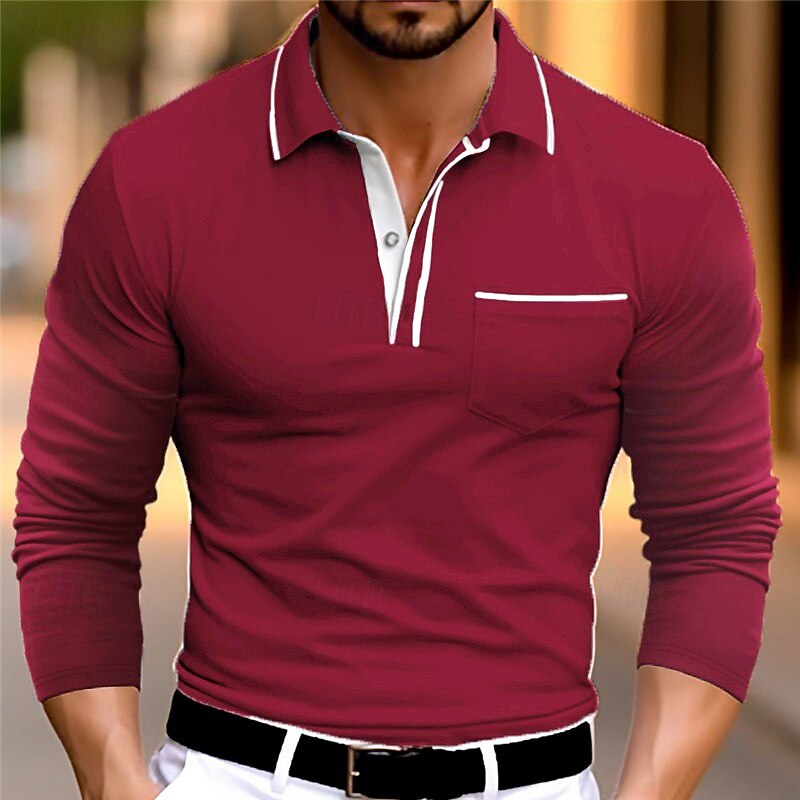 Men's Business Polo Golf Shirt Casual Sports Lapel Long Sleeve Fashion Basic Plain Buttons Spring &  Fall Regular Fit Wine Gray Business Polo3