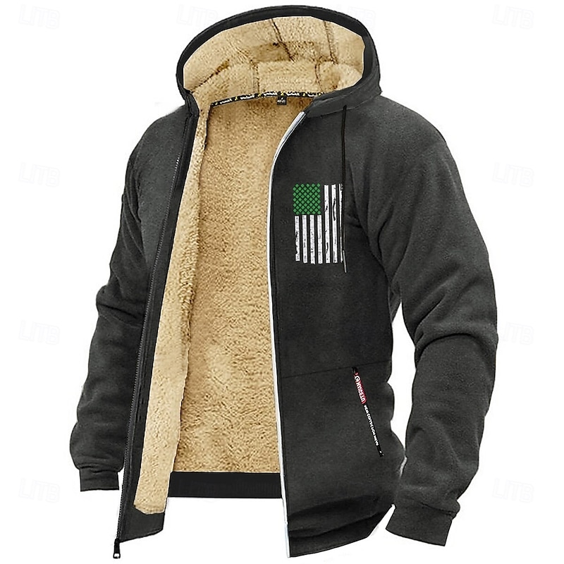 Men's Full Zip Hoodie Fuzzy Sherpa Fleece Jacket Fleece Hoodie Black Wine Army Green Navy Blue Blue Hooded Flag Plain Zipper Pocket Drawstring Sports & Outdoor Daily Weekend Polyester Vintage Casual4