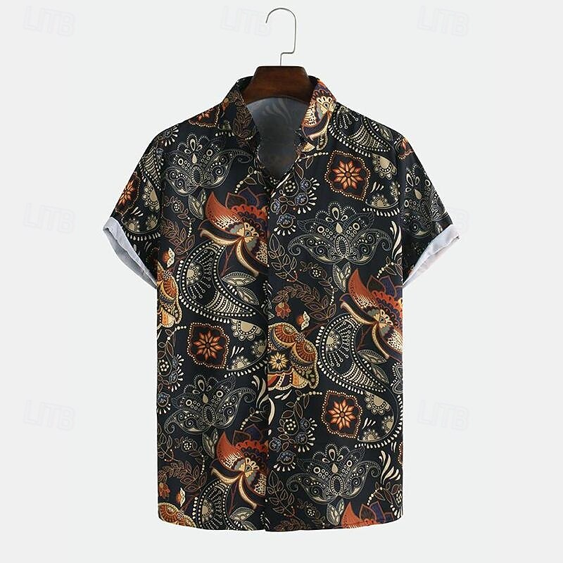 Men's Paisley Casual Shirt Button Up Shirt Short Sleeve Casual Casual Summer Spring Turndown Button Up Black