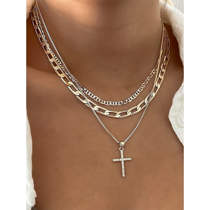 Layered Gold Chain Necklace Set with Cross Pendant and Simulated Rhinestone Accents – Fashionable Jewelry for Women, Perfect for Parties, Everyday Wear, and Special Occasions
