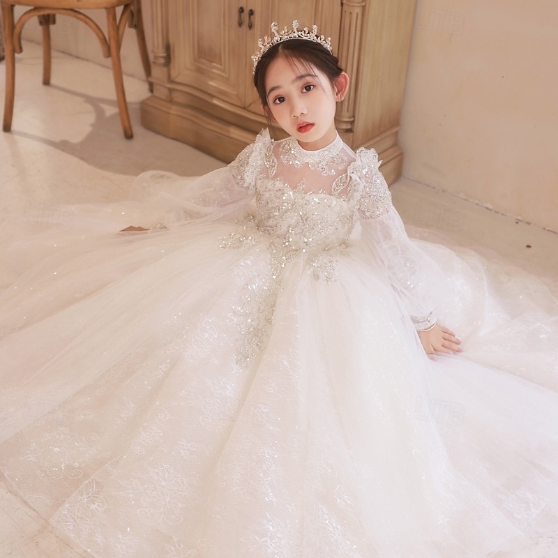 Flower Girl Dress Kid's Girls' Princess Dress Performance Wedding Party Elegant Beautiful Mesh Solid Color Long Sleeve Standing Collar White 4 years+3