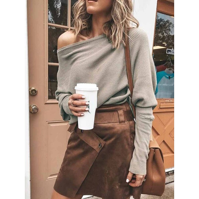 Women's T Shirt Plain Fashion Modern Casual Long Sleeve Batwing Sleeve One Shoulder Regular Tops Daily Weekend Black Khaki Gray Spring Fall3