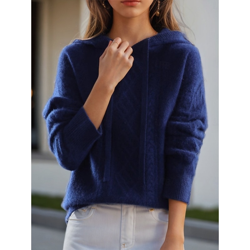 Women's Sweater Casual Soft Pure Color Ribbed Hooded Knitted Long Sleeve Regular Tops Knit Outdoor Daily Weekend White Navy Blue Fall Winter2
