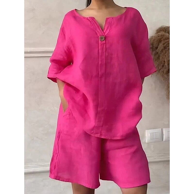 Women's Fashion Streetwear Shirt Linen-Inspired Sets Two Piece Sets Baggy Shorts Short Sleeve Crew Neck Solid Color Patchwork Formal Party Work Red Royal Blue Khaki Spring Loose Fit
