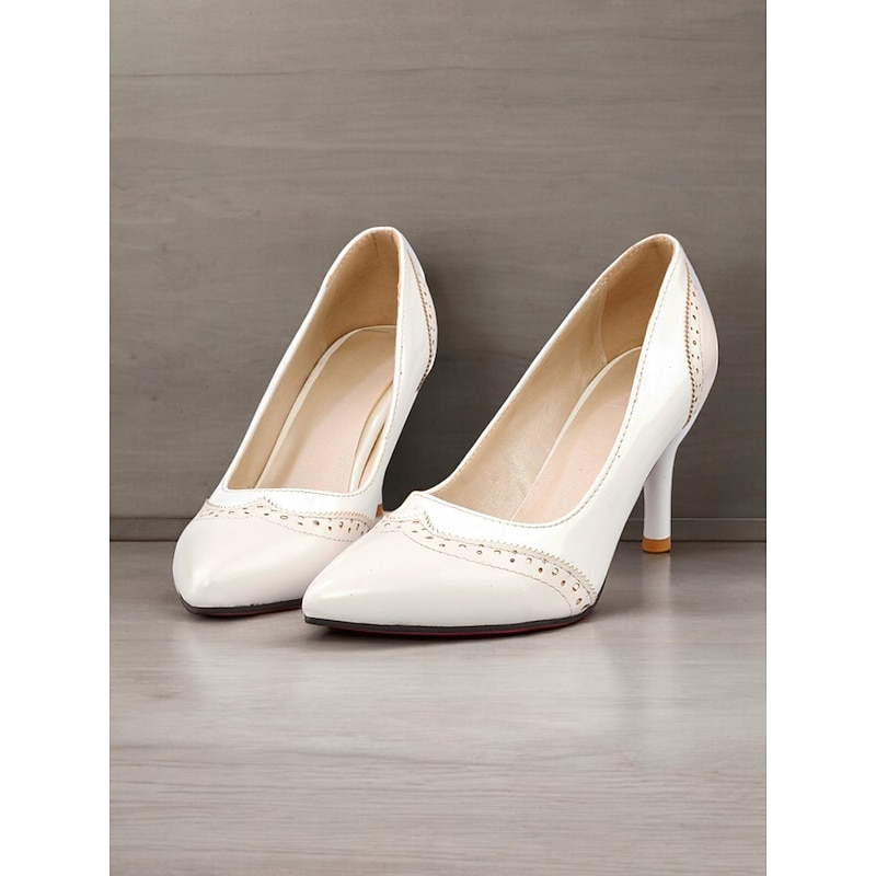 Women's Elegant Retro-Inspired Black and White Patent Faux Leather Pumps with Stiletto Heel - Perfect for Weddings and Special Occasions 13