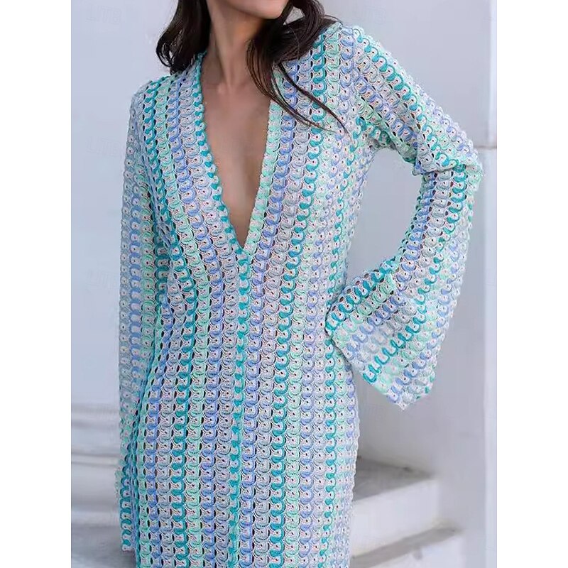 Women's Color Block V Neck Maxi Dress Short Sleeve Spring Fall2