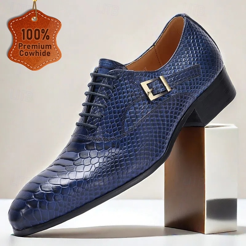 Men's Premium Cowhide Leather Dress Shoes with Snakeskin Texture, Lace-Up Design and Buckle Detail, Stylish Formal Shoes for Business, Weddings, and Special Occasions