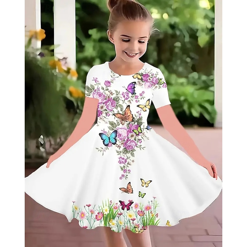 Easter Girls' 3D Graphic Butterfly Flower Dress Short Sleeve Summer Spring Vacation Daily Holiday Princess Beautiful Sweet Kids 4-12 Years Casual Dress A Line Dress Knee-length Regular Fit
