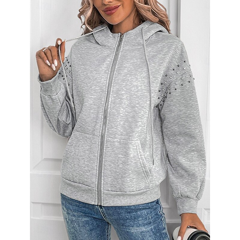 Women's Zip Up Hoodies Plain Modern Comfy Long Sleeve Hooded Regular Tops Casual Patchwork Zipper Pocket Gray Spring Fall Winter2