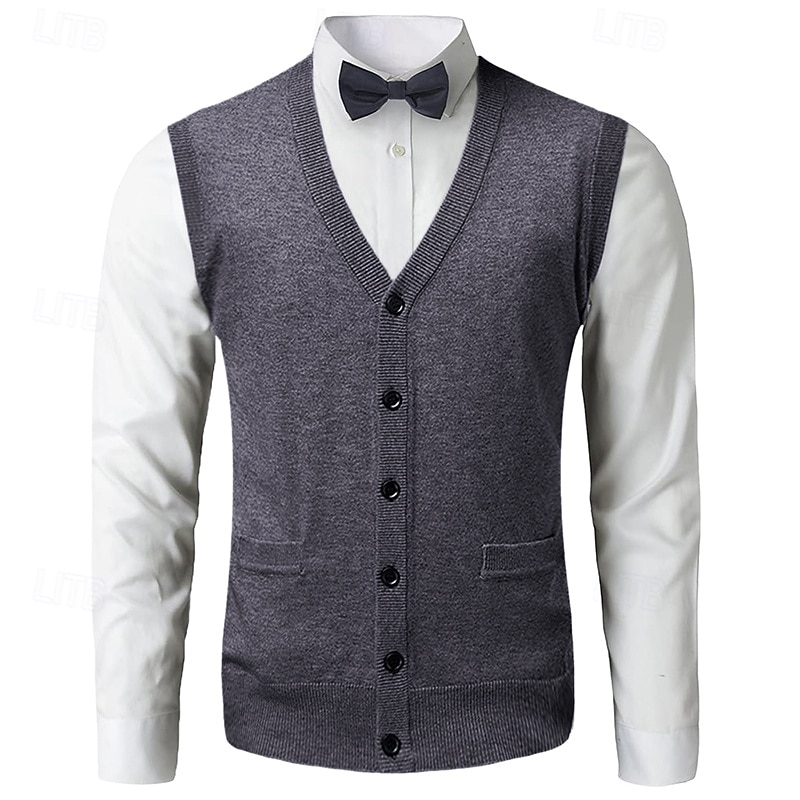 Men's Sweater Vest Dress Sweater Knit Knitted Solid Color V Neck Stylish Vintage Style Daily Wear Clothing Apparel Fall Winter Red Dark Navy S M L