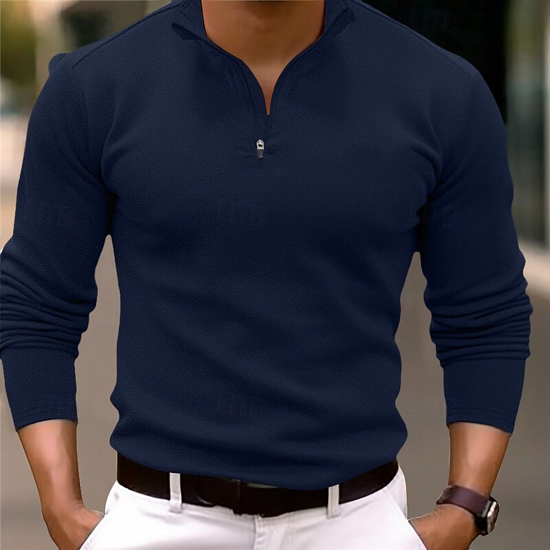 Men's Quarter Zip Polo Golf Polos Shirts Outdoor Causal Quarter Zip Long Sleeve Fashion Modern Solid Color Knitted Spring &  Fall Standard Fit Black White Navy Blue Dark Green Brown Quarter Zip Polo3