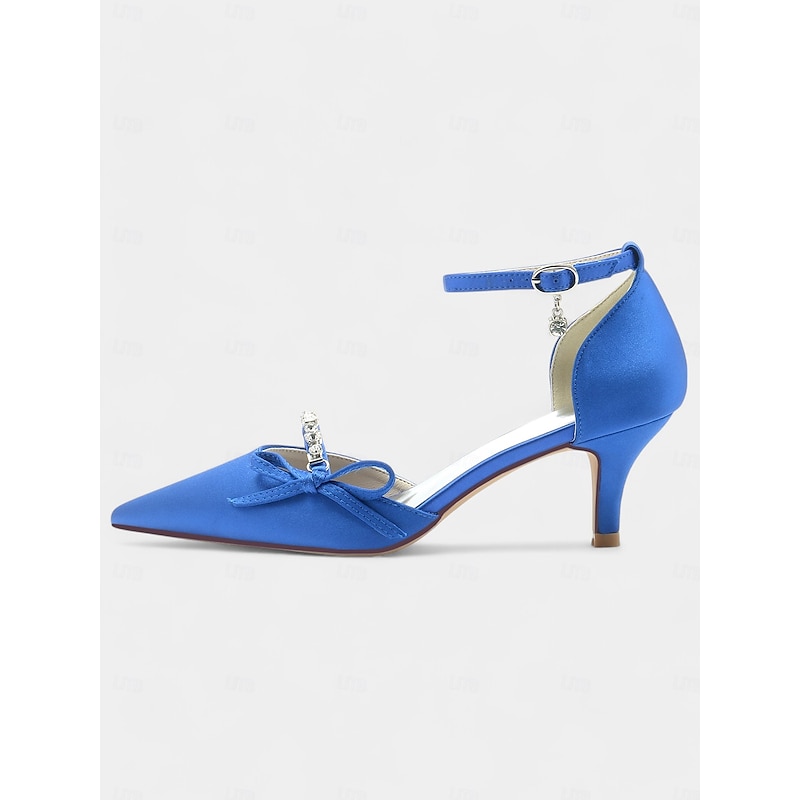 Pointed-Toe Kitten Heel Wedding Shoes for Women – Elegant Ankle Strap Bridal Heels with Rhinestone and Bow Detail3