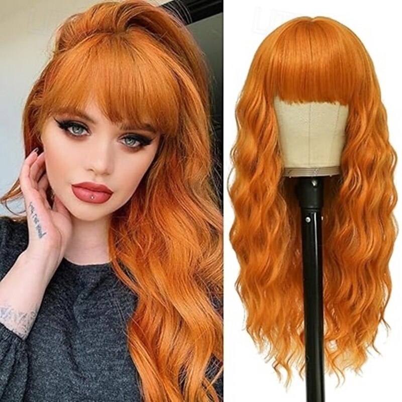 Wig with Bangs Long Wigs for Women, Natural Looking Hair Wig Curly Wavy wig, Heat Resistant Synthetic Wig for Halloween Cosplay Constume3