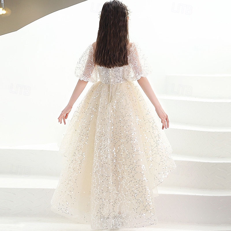 Flower Girl Dress Kid's Girls' Princess Dress Performance Wedding Party Elegant Beautiful Sequins Mesh Solid Color Short Sleeve Crew Neck Champagne 4 years+4