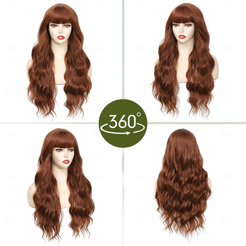 Long Wavy Wig With Bangs for Women Curly Wavy Wig With Bangs Natural Looking Synthetic Heat Resistant Fiber Wig for Daily Party Use4