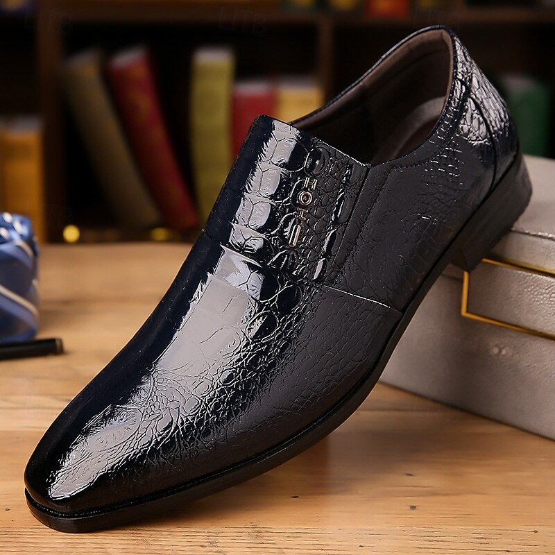 Men's Black Crocodile Pattern Patent Leather Dress Shoes – Elegant Slip-On Formal Shoes for Weddings, Business, and Evening Events