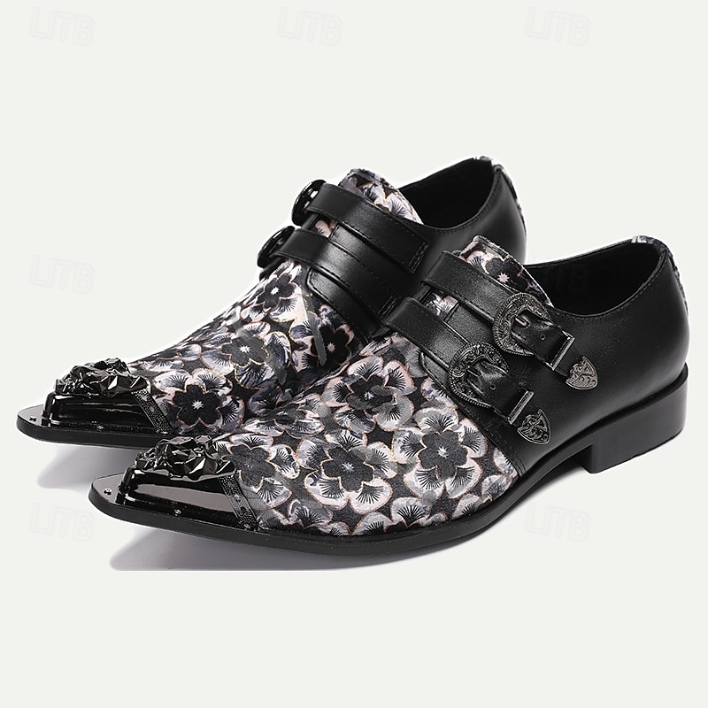 Men's Black Floral Cowhide Leather  Monk Shoes with Double Buckle and Metal Toe Cap – Elegant Formal Shoes for Weddings, Parties, and Special Events3