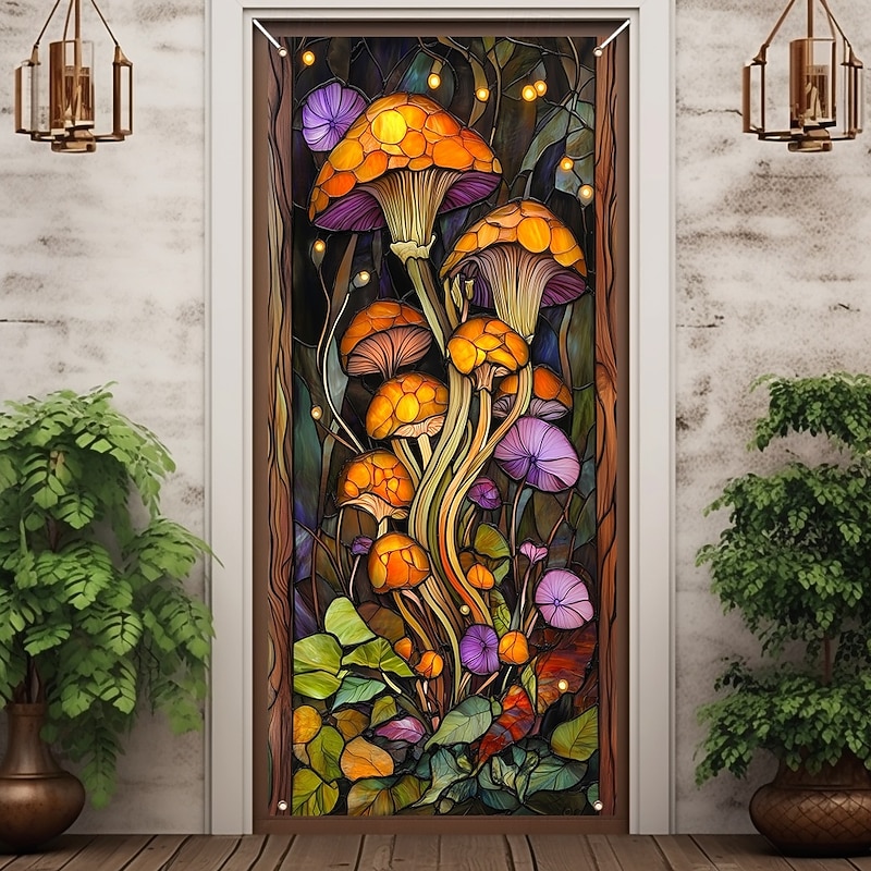 Stained Glass Effect Door Decorations Door Covers Mushrooms Door Tapestry Door Curtain Decoration Backdrop Indoor/Outdoor Door Banner for Front Door Farmhouse2