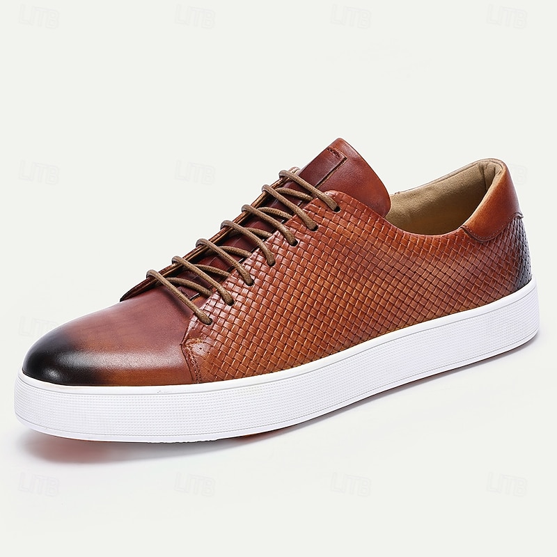 Brown Leather Woven Sneakers with White Sole for Men | Versatile for Casual and Business Casual3