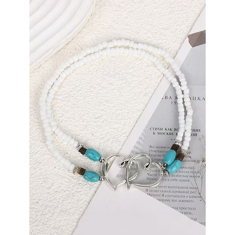 Bohemian Double Heart Beaded Anklet for Women, Handmade Beach Jewelry with Turquoise and White Beads, Perfect for Summer, Vacations and Gifts3