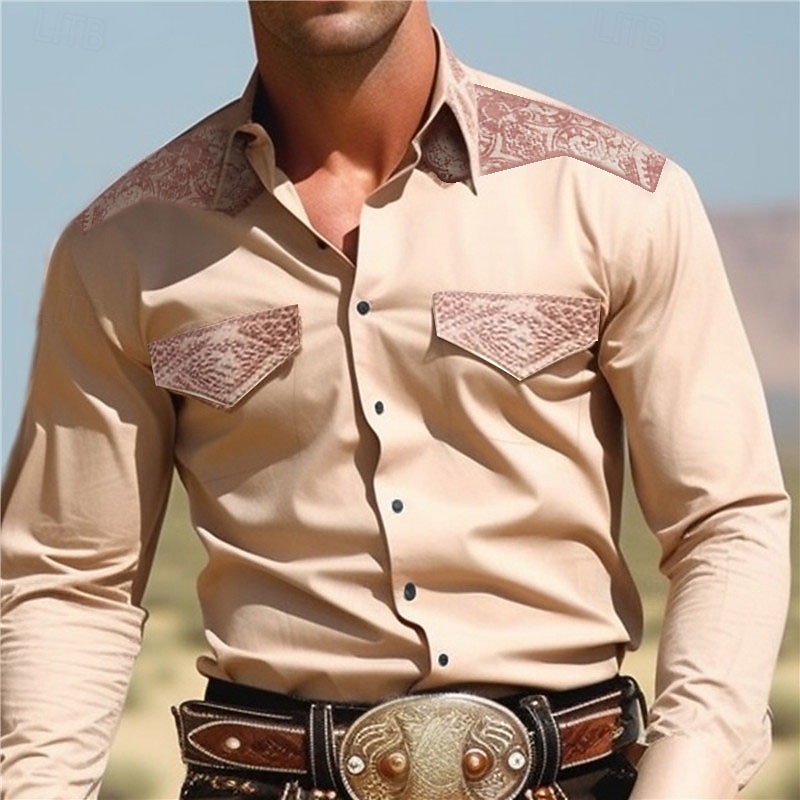 Men's Symbol Shirt Western Shirt Long Sleeve Vintage Western Style Daily Wear Going out Weekend Fall & Winter Turndown Pocket Print Button-Down Khaki