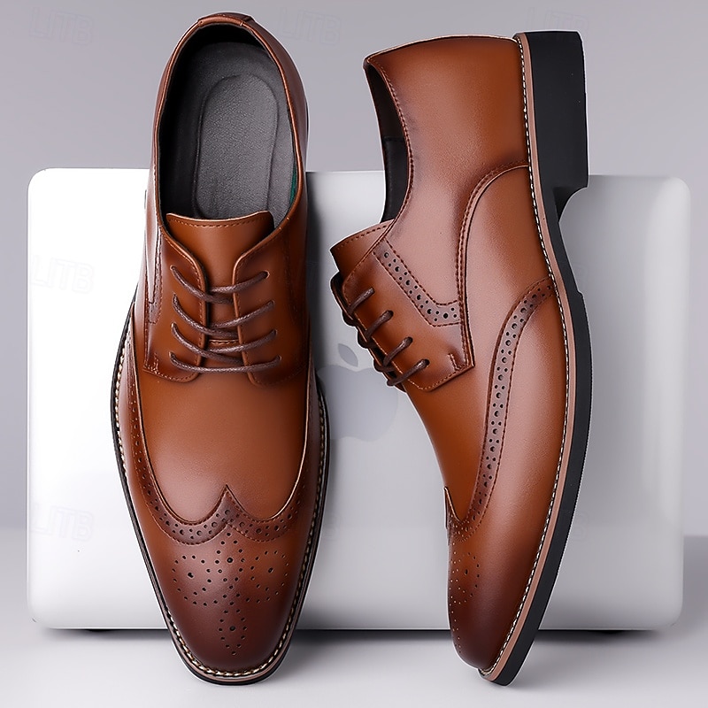 Men's Classic Brown Wingtip Oxford Shoes – Faux Leather  Brogue Lace-Up Dress Shoes for Business and Formal Occasions2