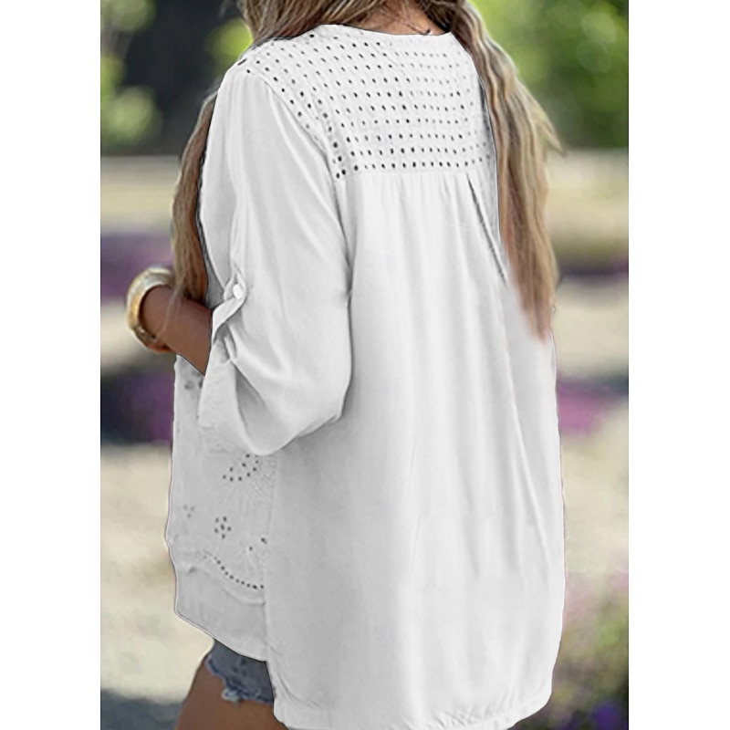 Women's Linen-Inspired Shirts Eyelet top White Cotton Blouse Dressy Tops Elegant Stylish Modern Long Sleeve V Neck Regular Tops Work Daily Holiday Patchwork Hollow Out White Summer Spring Fall Winter4