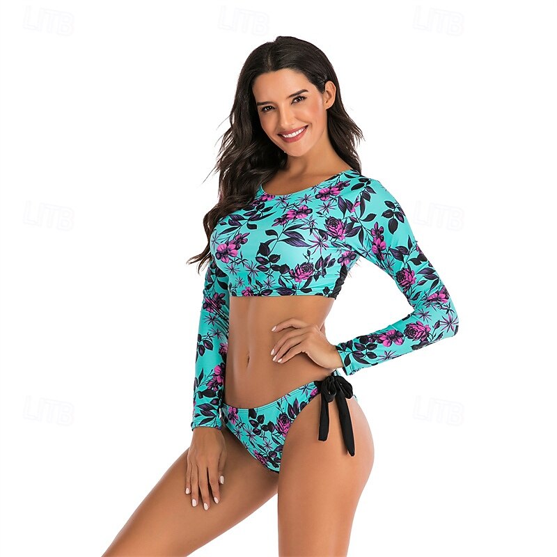 Women's Rash guard Swimsuit UV Sun Protection UPF50+ Breathable Long Sleeve Spandex Swimwear Swimsuit 2 Piece Open Back Swimming Surfing Beach Water Sports Floral Summer Spring Autumn3
