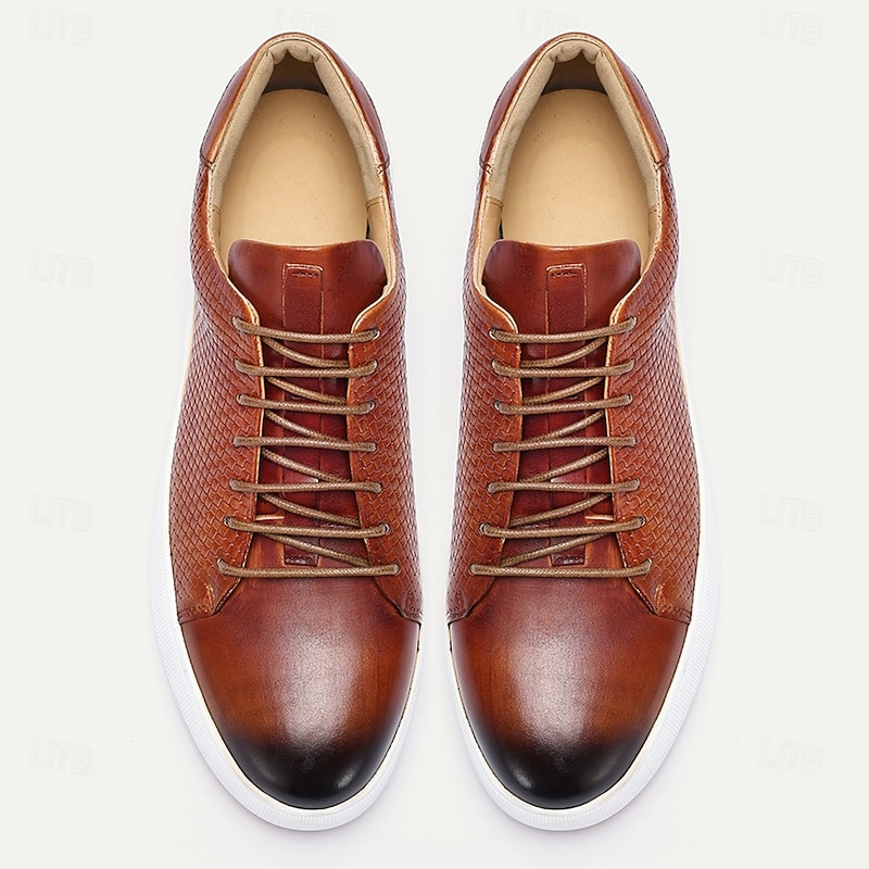 Brown Leather Woven Sneakers with White Sole for Men | Versatile for Casual and Business Casual 5