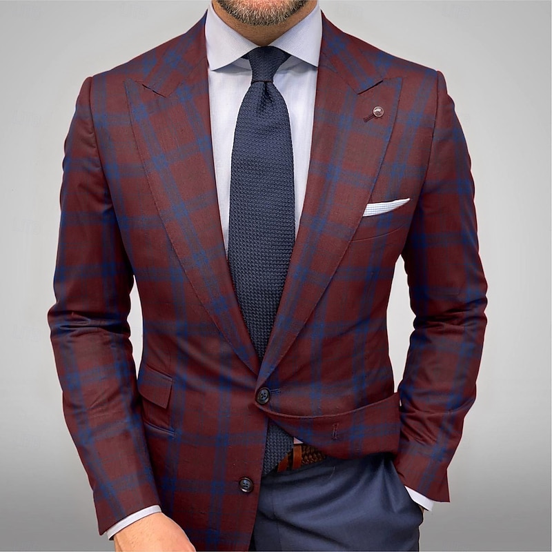 Men's Blazer Jacket Sport Coat Closure collar Outdoor Casual Checkered Windowpane Plaid Red Blue Tailored Fit Single Breasted Two-buttons