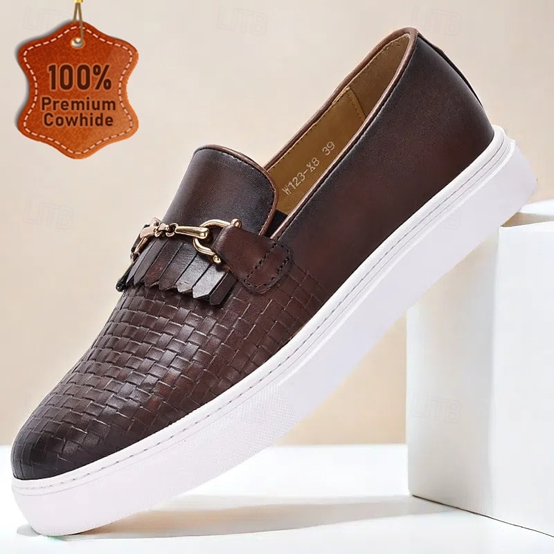 Men's Premium Cowhide Slip-On Sneakers with Woven Leather Design, Tassel and Gold Chain Detail, Casual and Stylish for Everyday Wear