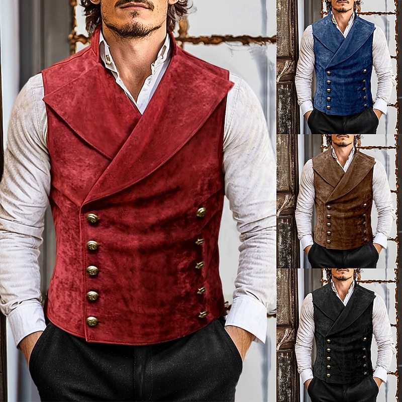 Men's Suede Vest Vacation Daily Wear Going out Vintage Style Chic & Modern Spring &  Fall Buttons Polyester Comfortable Plain Double Breasted Queen Anne Regular Fit Black Red Navy Blue Brown Vest2