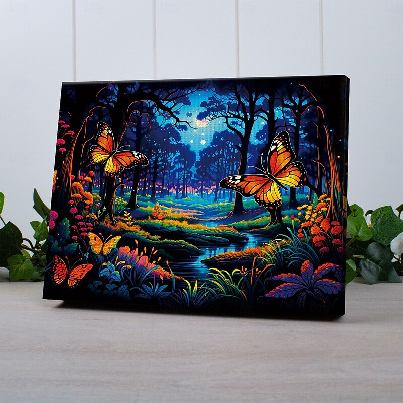 Trippy LED Canvas Wall Art LED Lighted Up Wall Decor 2AA Battery Operated Lighted Canvas Print LED Light Kitchen Bedroom or Home Decor Butterflies Forest3