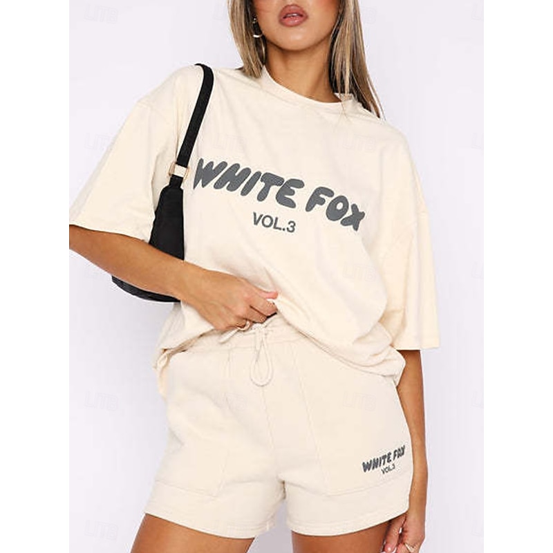 Women's Fashion Daily T Shirt Sweat Shorts Short Sleeve Crew Neck Letter Patchwork Outdoor Casual Black Pink Beige Summer Regular Fit3