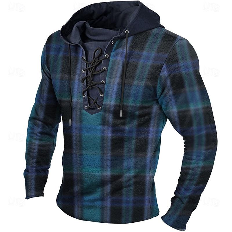 Men's Plaid Hoodies Fashion Cool Long Sleeve Hooded Yellow Red Drawstring Fall Winter Designer2