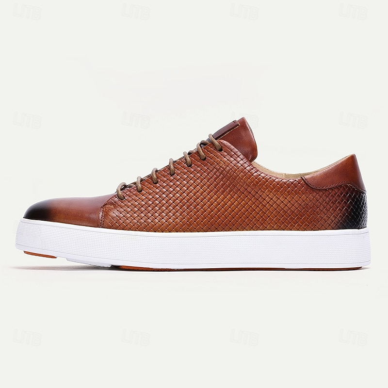 Brown Leather Woven Sneakers with White Sole for Men | Versatile for Casual and Business Casual4