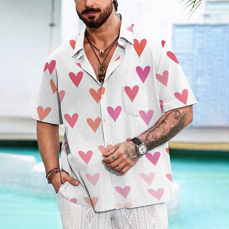 Valentine's Day Men's Heart Casual Shirt Button Up Shirt Short Sleeve Casual Party Gift Casual Summer Spring Turndown Button Up Pink3