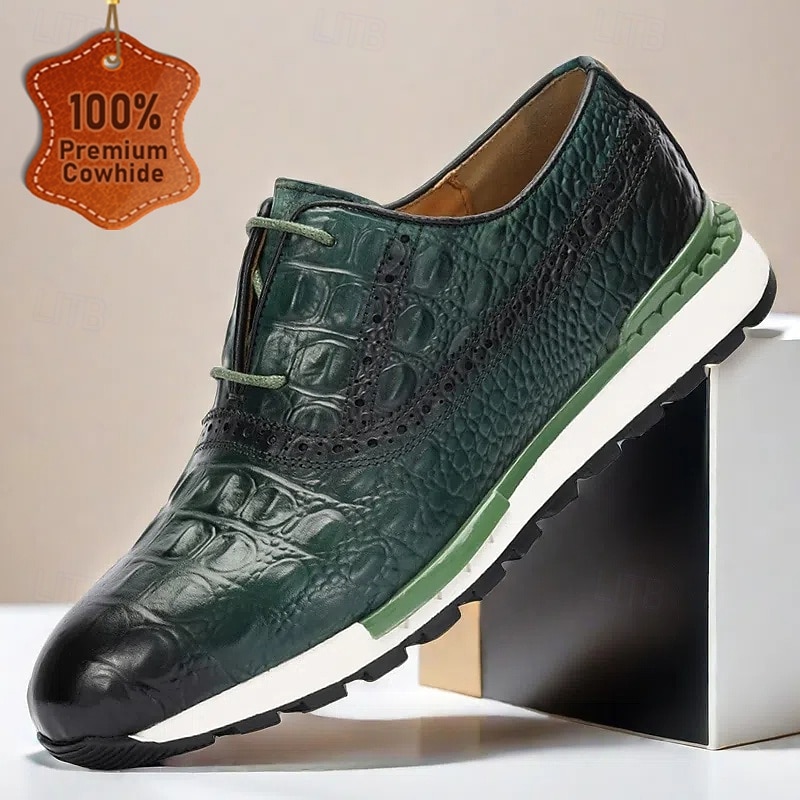 Men's Premium Cowhide Leather Sneakers with Crocodile Pattern and Green Accents – Stylish Casual & Sporty Footwear