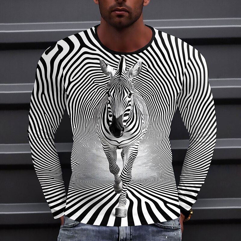 Men's Zebra Print T Shirt Long Sleeve T shirt 3D Print Crew Neck Shirt Fashion Exaggerated Street Daily Black Summer Spring Fall Clothing Apparel S M L XL XXL XXXL - Main Image