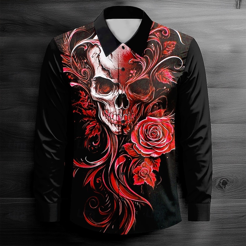 Men's Cool Skulls Casual Shirt Button Up Shirt Long Sleeve Dark Spring Fall Turndown Button Up Red Blue Purple Green Black-white2