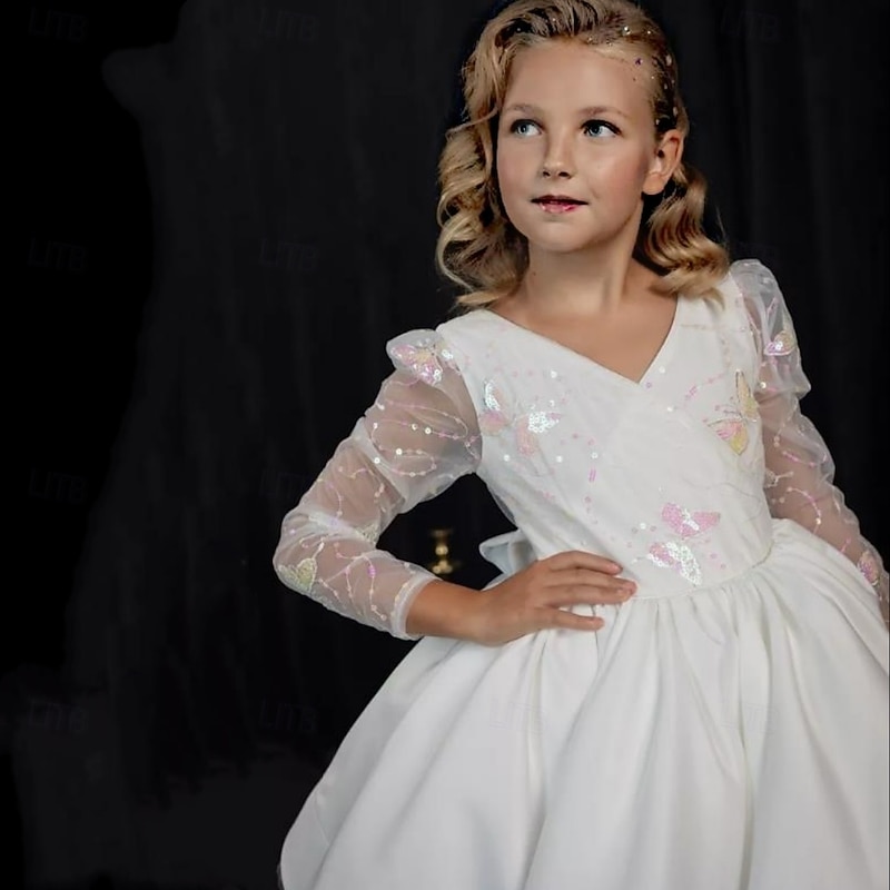 Kids Girls' Flower Girl Dress First Communion Dress Party Dress Solid Color Long Sleeve Performance Wedding Party Mesh Princess Sweet Mesh Mid-Calf Sheath Dress Tulle Dress Summer Spring Fall kids4
