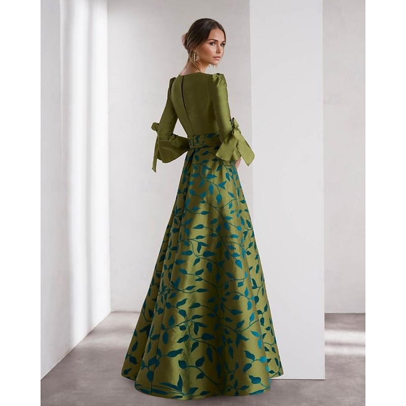A-Line Evening Gown Formal Wedding Floor Length 3/4 Length Sleeve V NeckMother Of the Bride Dress Satin with Floral Print Bow(s) Slit Race Day Dress Wedding Guest Dress2