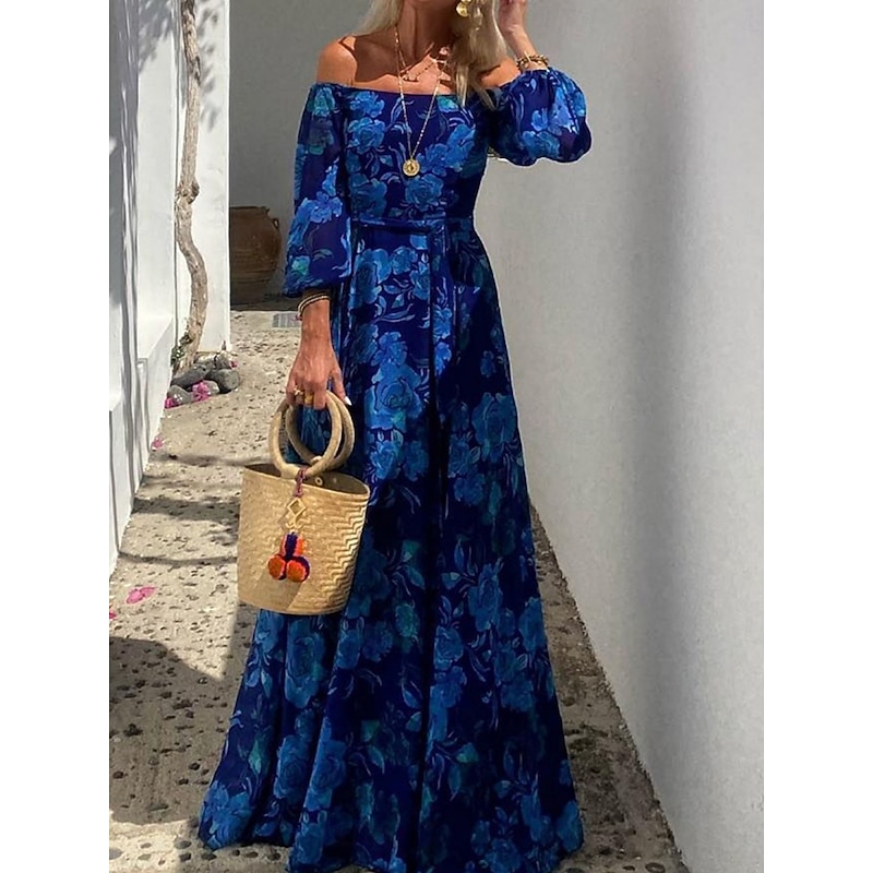Women's Floral Off Shoulder Maxi Dress Long Sleeve Summer Spring2