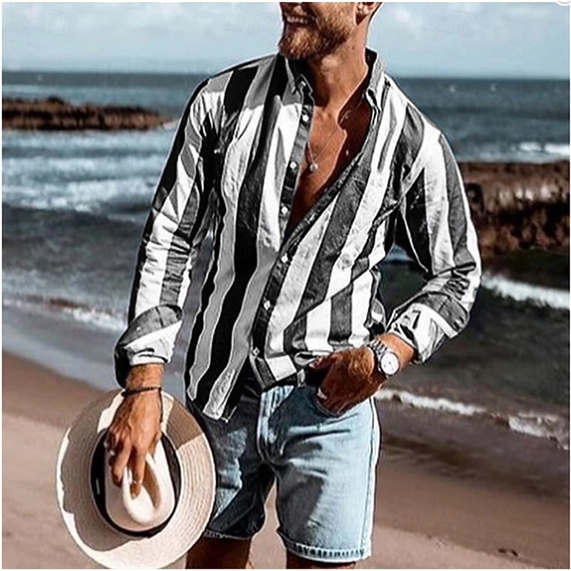 Men's Striped Geometric Pattern Shirt Long Sleeve Sports Fashion Designer Daily Holiday Spring, Fall, Winter, Summer Turndown Button-Down Purple Green Blue-White Gray4